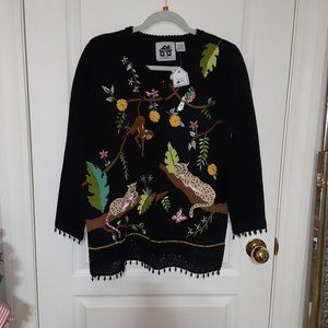 Storybook Knits "Jungle Sophisticate" Black Cardigan w/Jungle Animals in Small